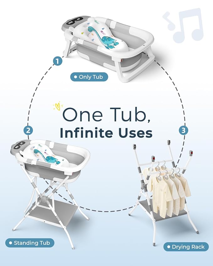 2-in-1 Baby Bath with Stand, Foldable Dinosaur Bathtub for Infant to Toddler, Portable Travel Tub with Soft Cushion for 0-18 Months, Gray