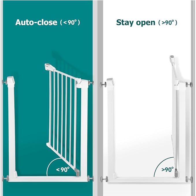 BABELIO Metal Baby Gate, 5.5inch (14cm) White Extension, Extra Wide Baby Gates for Stairs & Doorways, Pressure Mounted Walk Thru Child Gate with Door, NO Need Tools NO Drilling,28" Tall