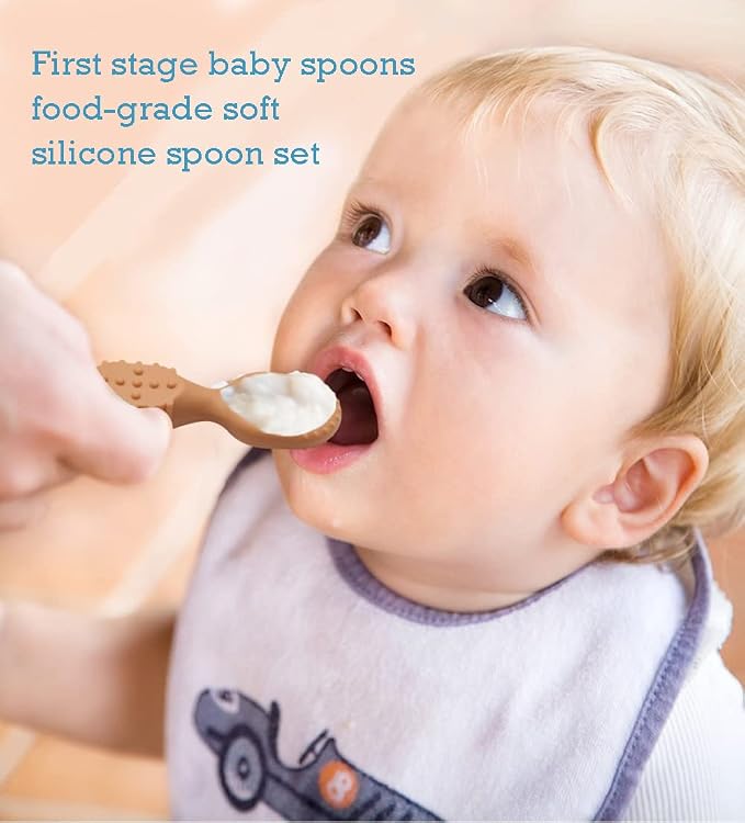 Baby's First Spoon | Self-Feeding Spoon | Toddler Utensil | BPA-Free Silicone 4-Pack (Natural Rose)