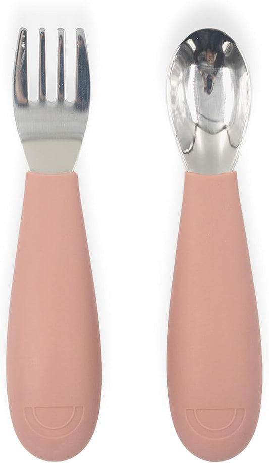 Yeah Baby Goods Silicone Toddler Fork & Spoon (Terracotta) - Easy Grip, Stainless Steel Kids Cutlery Set - Dishwasher Safe, Food Grade Silicone Silverware for Babies - Self-Feeding Toddler Utensil Set