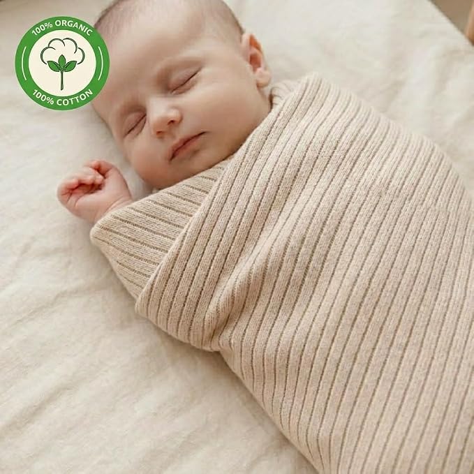 100% Organic Cotton Knit Receiving Baby Boy Blanket for Newborns - Soft, Breathable Swaddle Blanket for Crib & Stroller - Nursery Gift 2-Pack (Ribbed Fog/Baby Blue).
