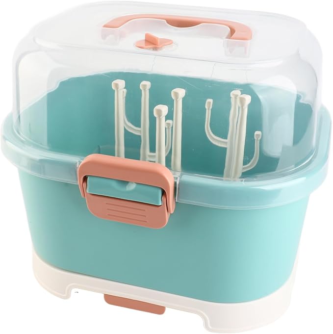 Ejoyous Baby Bottle Drying Rack Organizer, Nursing Bottle Storage Box, Compact Household Dust Proof Draining Thickened Plastic Bottle Holder Box for Home Travel (Green)