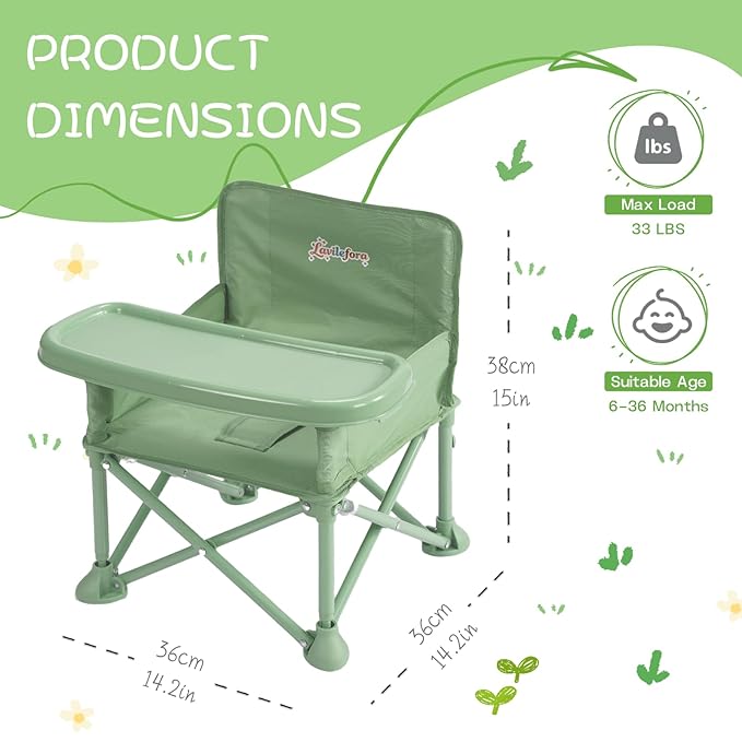 Portable Baby Chair,Portable 3-in-1 Baby Booster Seat with Tray,Folding Toddler High Chair for Travel,Camping, Home & Dining, Easy to Clean & Store, Safe with Child Safety Belt Carry Bag(Green)