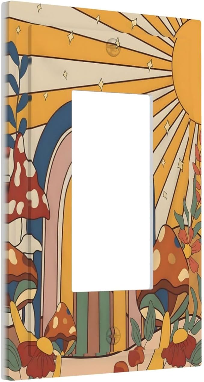Boho Sun Rainbow Mushroom Hippie Vintage Floral Decorative Outlet Covers 1 Gang Single Rocker Light Switch Cover Plate Wall Plates GFCI Faceplate for Kids Room Nursery Decor