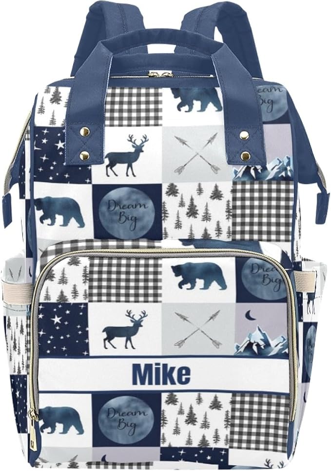 Custom Diaper Bag for baby Customized Baby Bag Personalized Nursing Bags with Name Custom Name Mommy Daypack Bag Tote Bag Gifts (Woodland Navy)