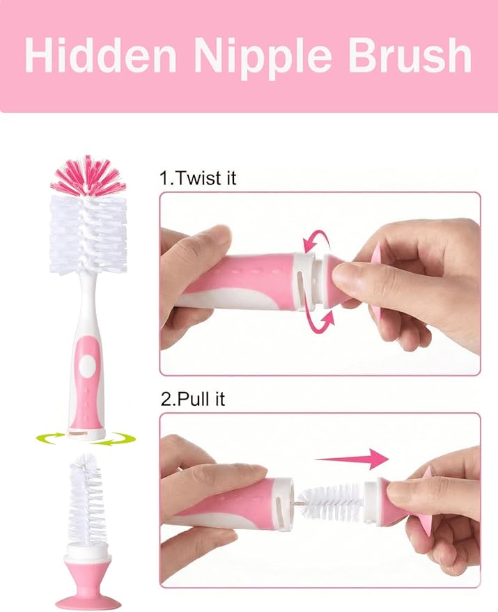 5 in 1 Bottle Cleaner Brush Set with Nylon and Silicone Bottle Brush, Straw Brush, Bottle Brush with Nipple Cleaner and Suction Cup, Cup Lid Cleaner Brushes Kit, BPA-Free (Pink)