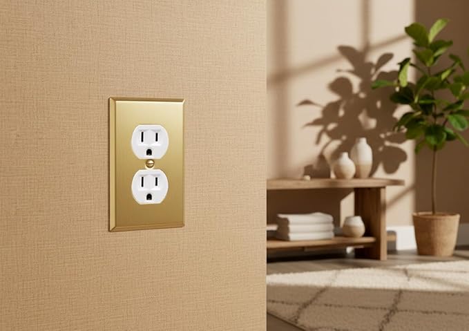 Rio Salto BRASS Signature Collection Brushed Brass Gold Metal Outlet Covers, Decorative Light Switch Cover Plate Wall Plate, Premium, Duplex 1-Gang, 2.75" X 4.50" Standard Size, 4-Pack