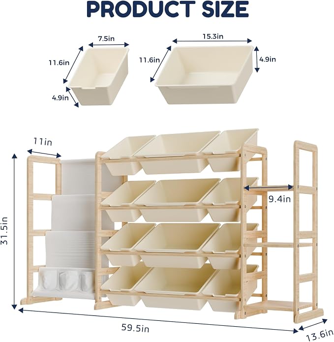 Large Toy Storage Organizer with 12 Bins, 4-Tier Bookshelf & 3 Side Shelves, 59" Wide Kids Room Organization, Easy Assembly for Playroom, Bedroom, Nursery Room, White
