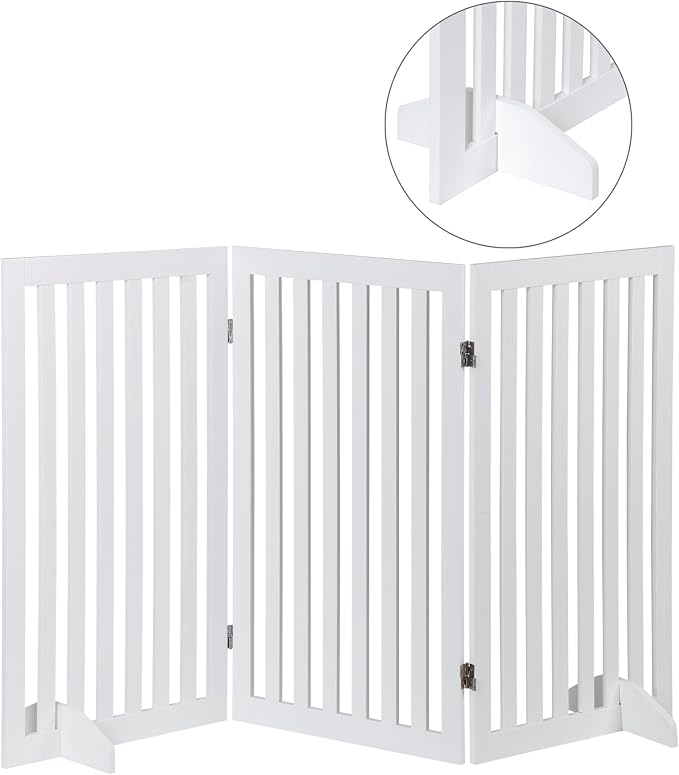 Nouva 36" H Pet Gate, 3 Panels Indoor Foldable Dog Fence, Dog Gate for Stairs Doorways, Hardwood Pet Gate, Freestanding Pet Fence, White