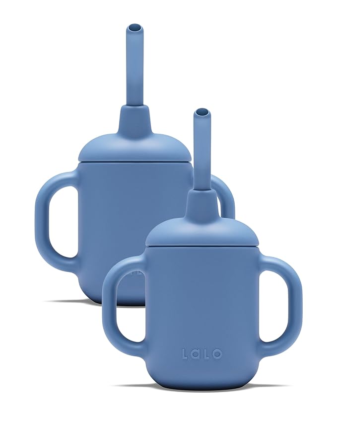 Lalo Little Cup 2-Pack, Non-Toxic Silicone Straw Cup with Handles - Baby and Toddler Sippy Cup - Mini Cup and Straw Training System, 4oz, Blueberry