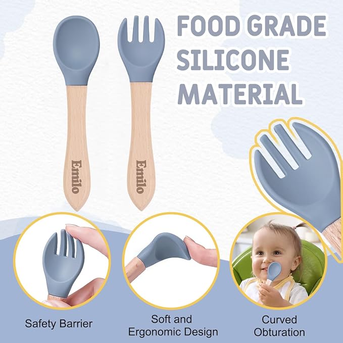 TYRY.HU Personalized Silicone Baby Feeding Set, Custom Baby Led Weaning Supplies Self Feeding Utensils, Suction Bowl, Bibs with Spoons Forks with Name (Grey)