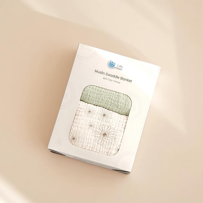 lulumoon Muslin Swaddle Blankets for Baby: Cotton & Soft Receiving Blanket for Newborn with Flower Printed- Neutral Gift for Baby Shower 2pack(GreenDaisy)