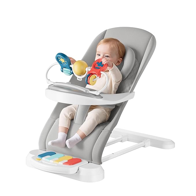 Monamii Baby Bouncer, Baby Bouncer Seat with Detachable Pianos & Feeding Tray, 3-Level Adjustable Positions Bouncing Seat, Infant Bouncer Seat and Toddler Chair (Grey)