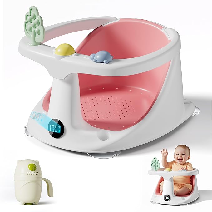 Baby Bath Seat for Babies 6 Months & Up - Bathtub Seats for Babies Sitting Up with Rinse Cup, Non-Slip, Comfortable, Infant Bath Essentials, Pink