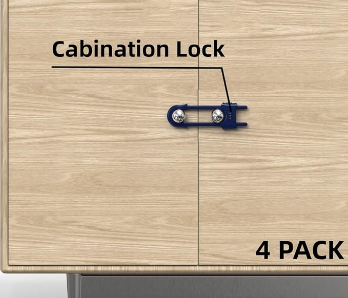 4 Pack Child Proof Sliding Cabinet Door Code Locks Baby Safety Cupboard Locks Adjustable U Shaped Cabinet Latches for Knob Handle Drawers Closet (4 PCS, Blue)