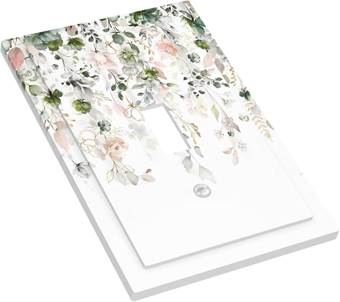 Green Pink Floral Flower Rustic Eucalyptus Leaves Wildflower Decorative Light Switch Cover 1 Gang Single Toggle Device Electrical Faceplate Switchplates Decorator Outlet Wall Plate for Bedroom Home