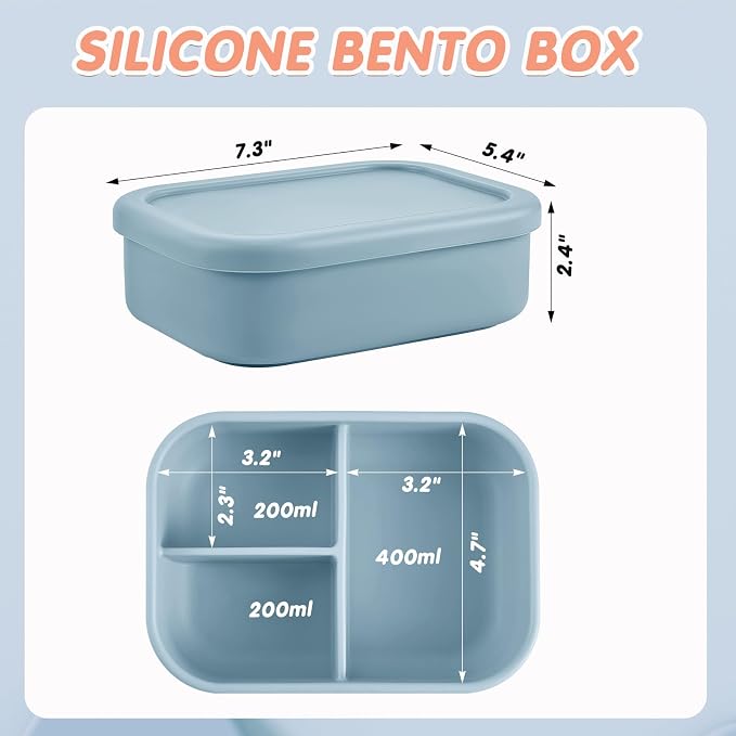 Layhit 1 Pcs Silicone Bento Box for Adults, 27 oz Bento Lunch Container Reusable Food Container for Women Men, Leak Proof Microwave Dishwasher Freezer Safe (3 Compartments,Gray Blue)