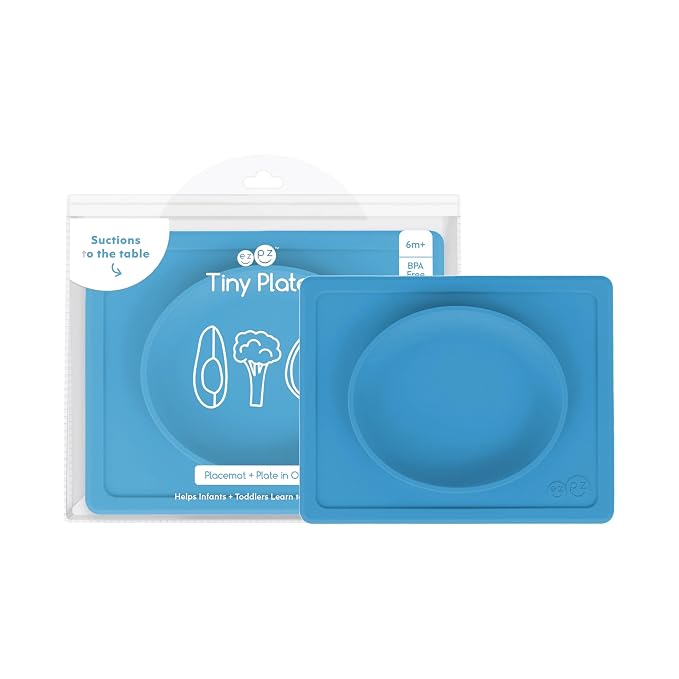 ezpz Tiny Plate (Blue) - 6 Months+ - 100% Silicone Suction Placemat + Plate for Infants - Fits on Most Highchair Trays - Baby Led Weaning Supplies