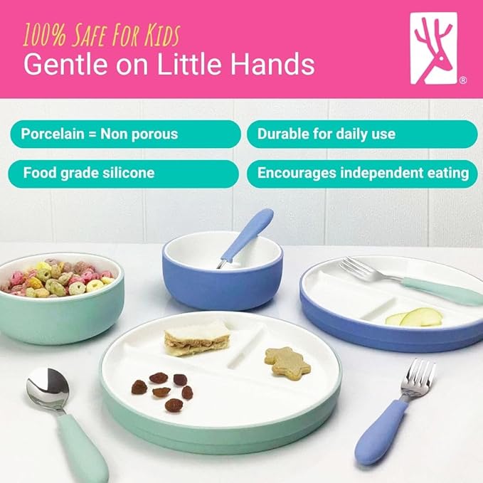 Elk and Friends Kids Porcelain Mealtime Bundle with Suction Sleeves | Plates, Bowls + Toddler Utensils | Silicone Sleeves | For Meals + Snacks | Microwave + Dishwasher Safe