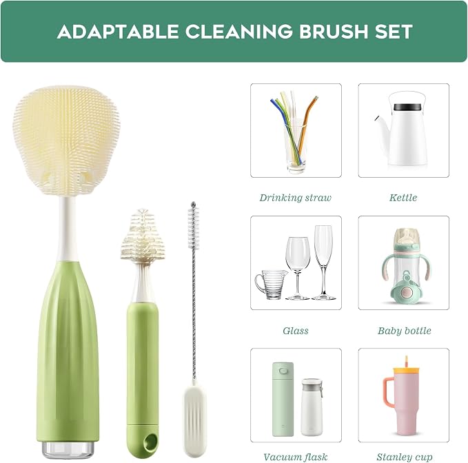 Baby Bottle Brush Set, Silicone Bottle Brush Cleaner with Nipple & Straw Brushes, Push-Press Bubble and Drying Rack for Bottle Cleaning,BPA-Free,Bottle Washer Brush for Breast Pump (Green)