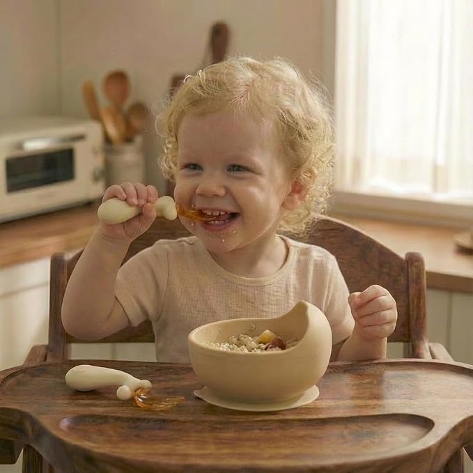 Baby Silicone Spoon & Fork Set with 360° Bendable Utensils, Suction Bowl, BPA-Free PPSU Case Included, Self-Feeding Training Set for Infant & Toddler (Milk White)