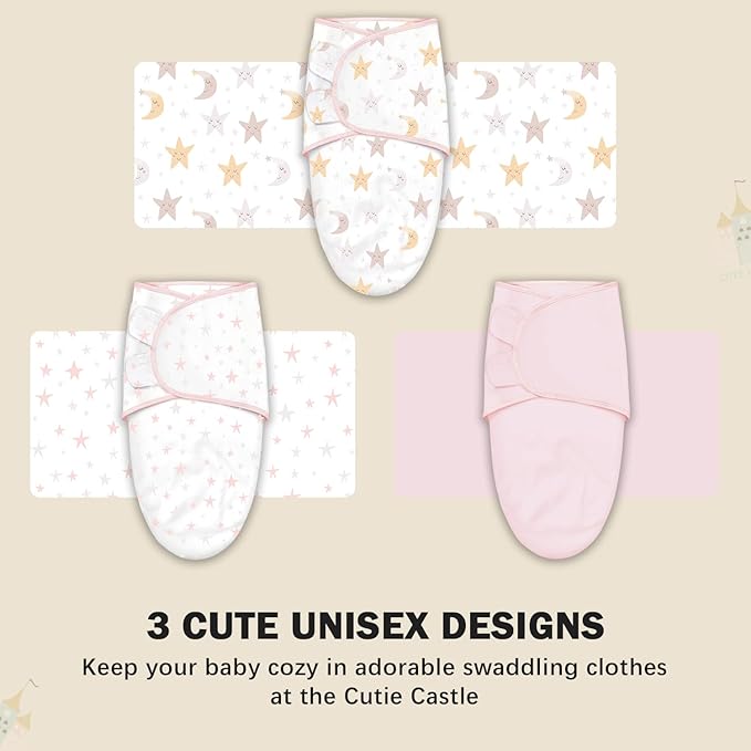 Cute Castle 3-Pack Baby Swaddle Sleep Sacks - Newborn Swaddle Sack - Ergonomic Baby Swaddles Blanket Warp for Boys and Girls - Baby Essentials (0-6 Months - Pink, Moon, Stars)
