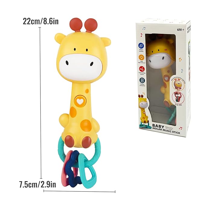 Bright Yellow Giraffe Baby Musical Rattle Toy - Light-Up Teether & Sensory Chew, BPA-Free Soft Rubber, Baby Shower & 1st Birthday Gift for 6-18 Months 1+ Year Old