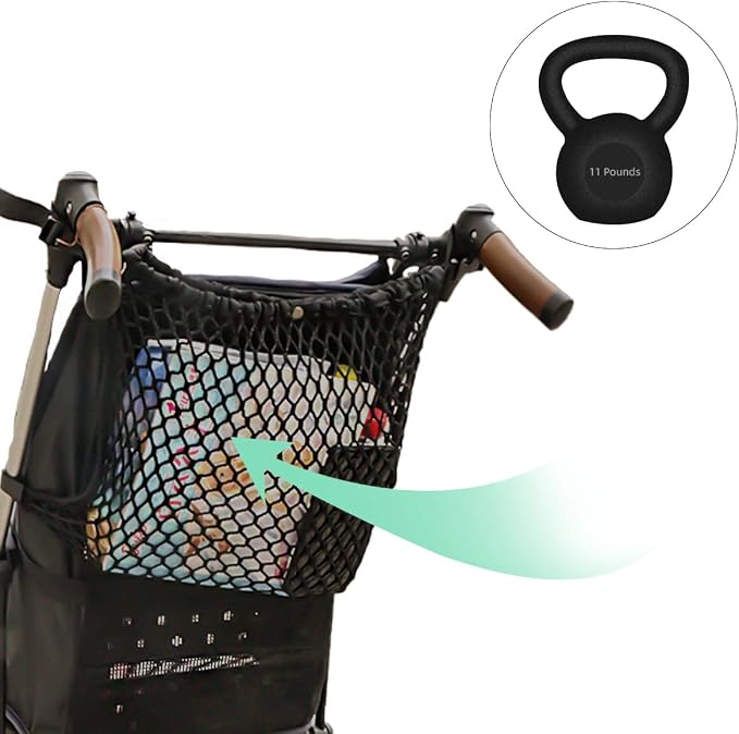 Stroller Caddy Organizer Extra Large Storage Space, Universal Fit Cargo Net Mesh Hanging Bag for Stroller Caddy Accessories Carrying Diaper and Snacks