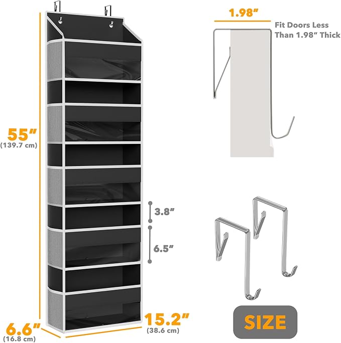 SpaceAid 2 Pack Over The Door Organizer with 5 Large Pockets and 10 Mesh Side Pockets, 5 Layers Door Organizer Hanging with Clear Window for Bedroom, Bathroom, Pantry and Nursery, Black
