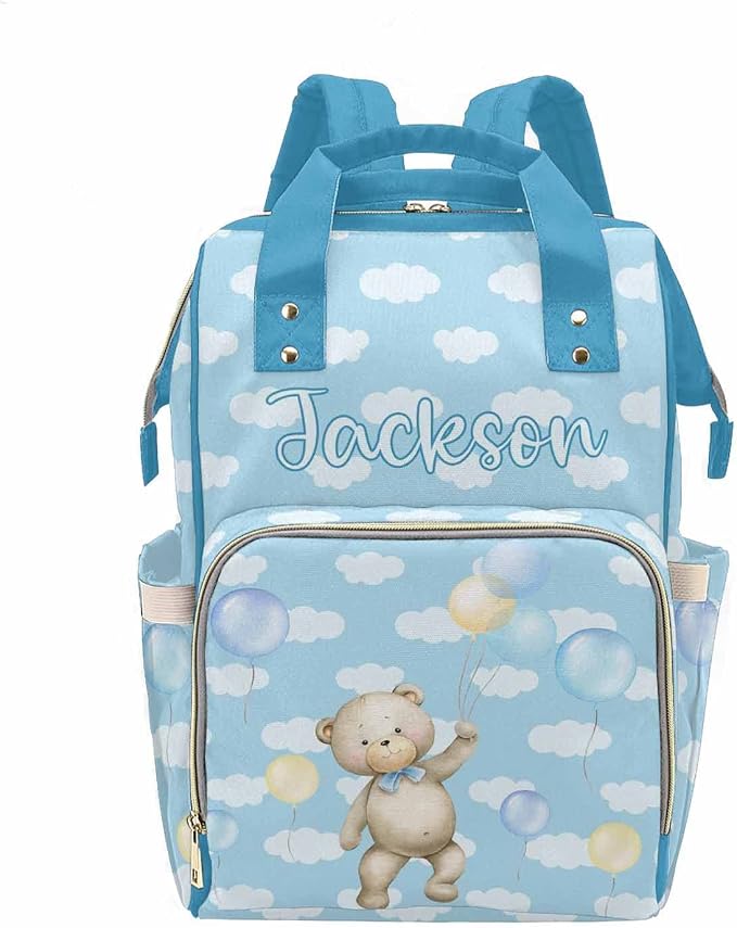 M YESCUSTOM Custom Blue Bear Diaper Bag with Name, Personalized Colorful Balloon Cute Nursing Baby Bag Multifunction Mommy Daypack with Large Capacity Christmas Girt for Women
