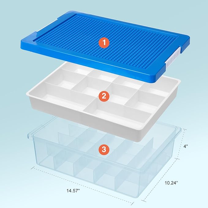 MACOPRO Toys Storage Organizer Box for Lego, Toy Box with Building Plate Lid and Removable Tray, Building Block Storage, Stackable Plastic Organizer Bins (Red+Blue-2Packs)