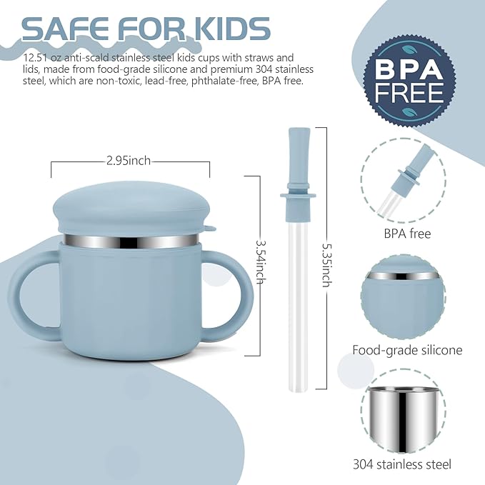 Upgrade Stainless Steel Baby Sippy Cups, 7.4 Oz Spill Proof Toddler Straw Cups, 3 Stages Training Cup for Toddlers 1-3 Year, Kid Cups with Silicone Sheel and Straws, 4 Colors (Coral+Blue+Pink+Purple)