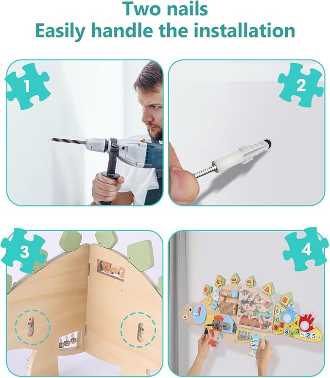Dinosaur Activity Wall Busy Board - 11-in-1 Foldable Wooden Montessori Sensory Panel for Kids 3-7, Wall Mounted Toddler Learning Activity Center for Playroom Classroom Daycare, Autism Sensory Toy