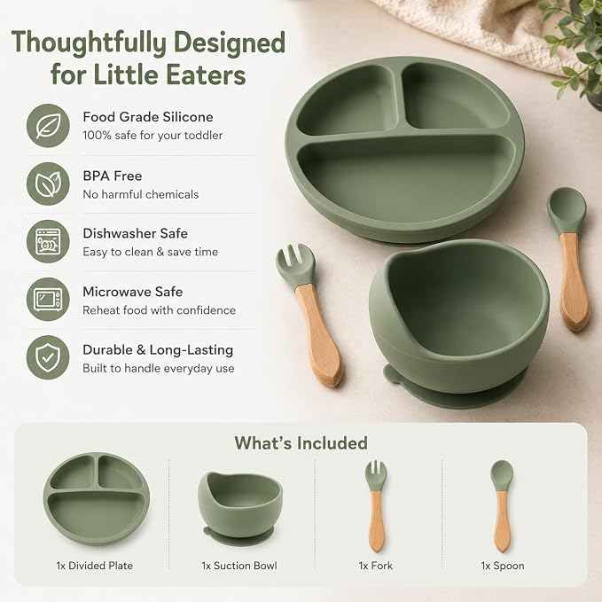 NurtureNest Silicone Toddler Feeding Set – Suction Plate & Bowl, Toddler Spoon & Fork, BPA-Free, Dishwasher Safe, Microwave Safe, Sage Green