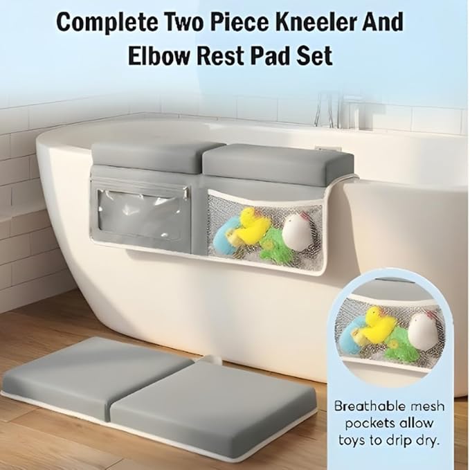 UR Choice Bath Kneeler and Elbow Rest Pad Set, Kneeling Pad for Bathing Baby, Non Slip Foldable Kneeling Mat for Toddler, Bathtub Cushion Foam Kneeler Mat with Toy Organizer Pocket - Grey