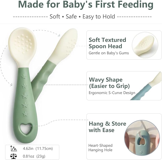 4-Pack Silicone Baby Spoons, Seposeve Soft Gum-Friendly First Feeding Spoons for Babies, Baby Feeding Utensils Essentials, Easy-Grip Handle, BPA Free, Dishwasher Safe, 2 Green 2 Blue