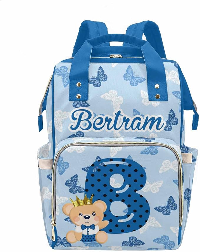 M YESCUSTOM Diaper Bag Custom Name Letter Personalized Blue Butterfly Diaper Bag with Cartoon Prince Bear Suits for Women Travel Outdoor Use