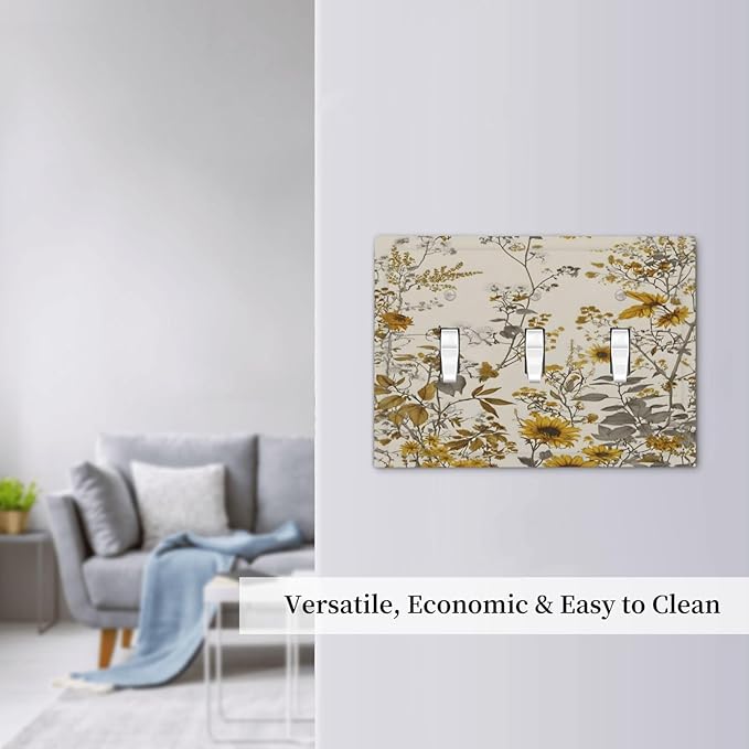 Boho Wildflowers Daisies Sunflowers Plant Floral Decorative Switch Plates 3 Gang Wall Plate Triple Toggle Light Switch Cover Faceplate Electrical Wall Panels for Bedroom Living Room Decor