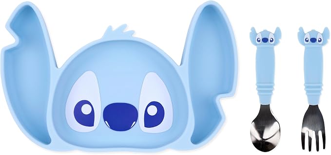 Bumkins Disney Stitch - Silicone Grip Dish, Fork & Spoon - For Ages 18 Months+ - Suction Base - 100% Food-Safe Silicone - Freezer, & Dishwasher Safe