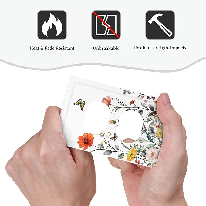 Colorful Vintage Floral Butterfly Flower 1 Gang Duplex Wall Plate Receptacle Outlet Covers Spring Nature Wildflower Blossom Decorative Electrical Dual Device Light Switch Plug Socket Faceplate Cover