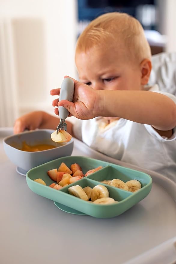 BEABA Set of 2 Stainless Steel Pre-Cutlery, Baby Toddler Stainless Steel with Silicone Utensils, Silverware Spoon Fork for Baby Toddler, Sage