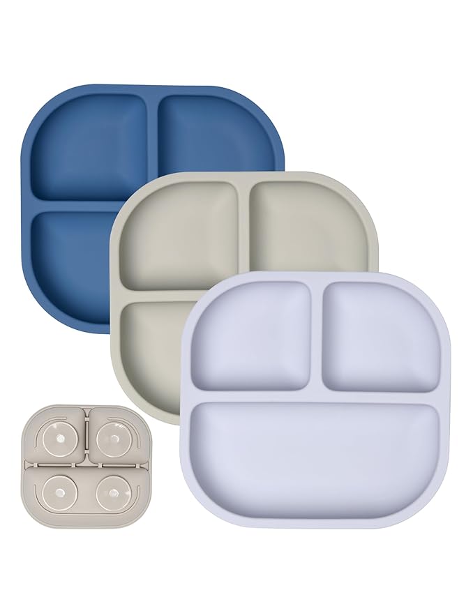 BABELIO Powerful Suction Plates for Baby and Toddler, 100% Food Grand Silicone, Divided, BPA Free, Microwave & Dishwasher Safe, Stay Put, 3 Pack