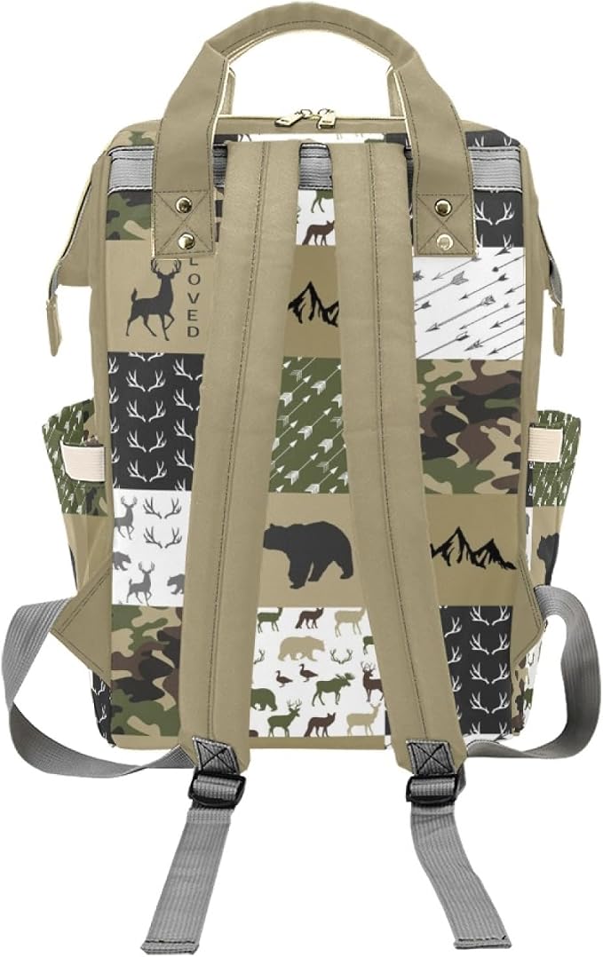 Woodland Deer Bear Baby Diaper Bag with Name – Personalized Nursing Travel Tote Backpack for Mom or Dad, Custom Name Baby Daypack Gift