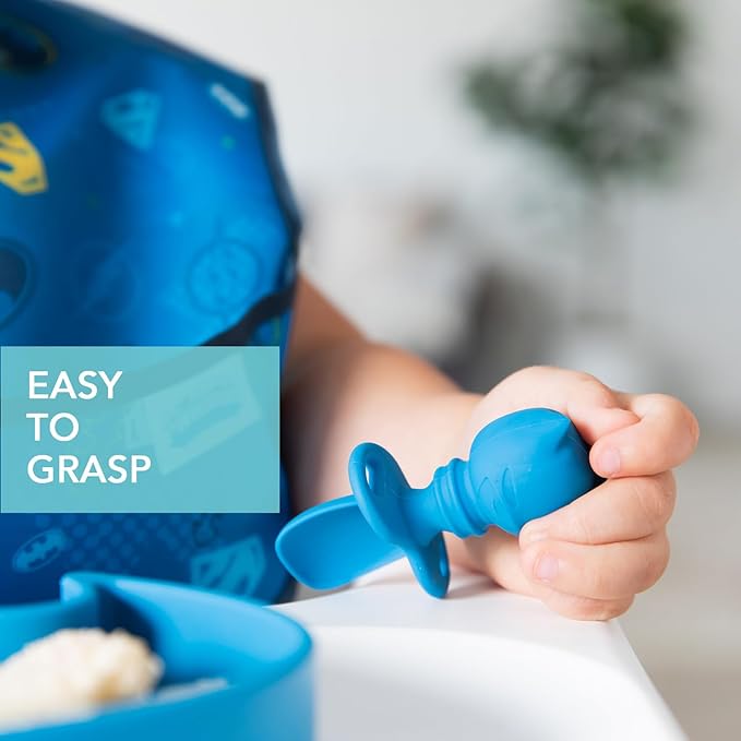 Bumkins Baby Utensils Set, Chewtensils Silicone Spoons for Dipping, Self-Feeding, Baby Led Weaning, Trainer Learning, First Stage Eating, Soft Practice Fork and Spoon, 6 Months, Batman Blue
