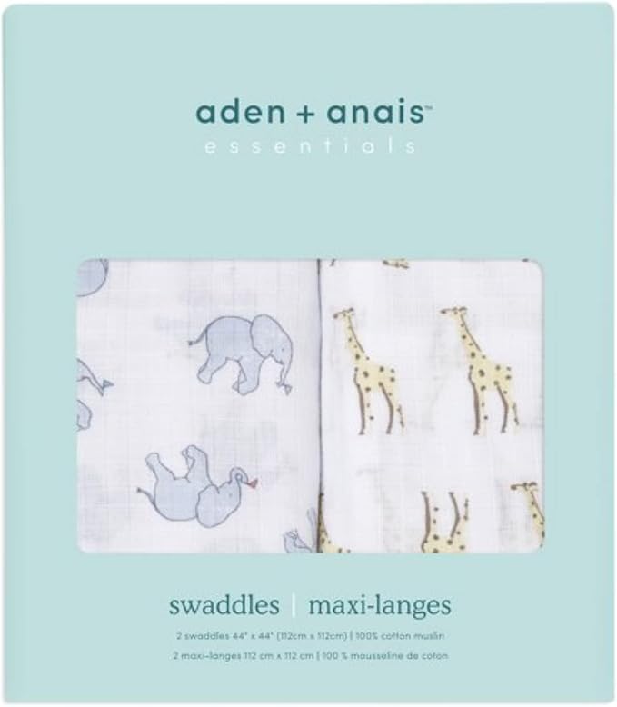 aden + anais Essentials Muslin Swaddle Blankets, Newborn Receiving Blanket for Swaddling, 100% Cotton Baby Swaddle Wrap, 2 Pack, Safari