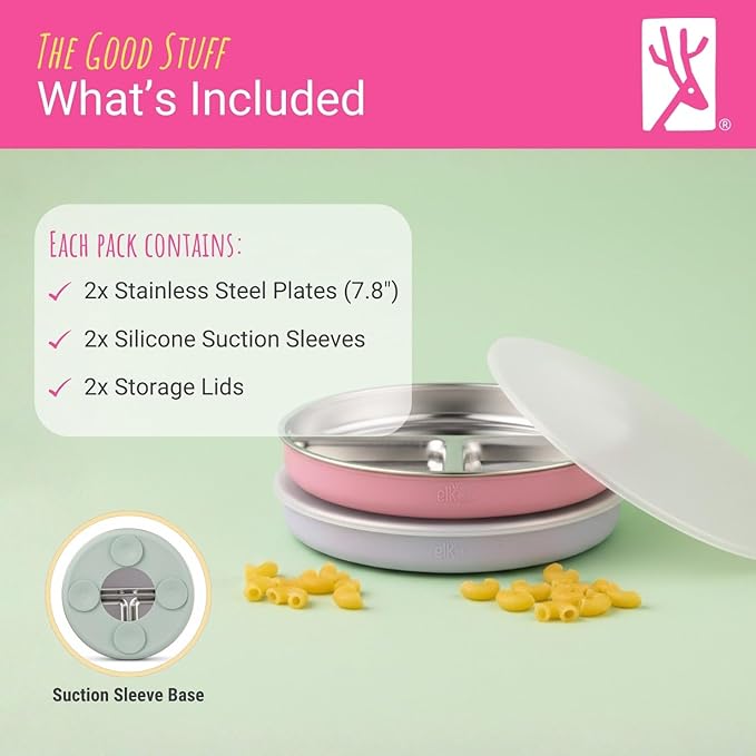 Elk and Friends Stainless Steel Divided Plates with Silicone Sleeve for Babies & Toddlers | Lids Included | Stay Put Suction | Dinner & Snack Plates | 2 Pack