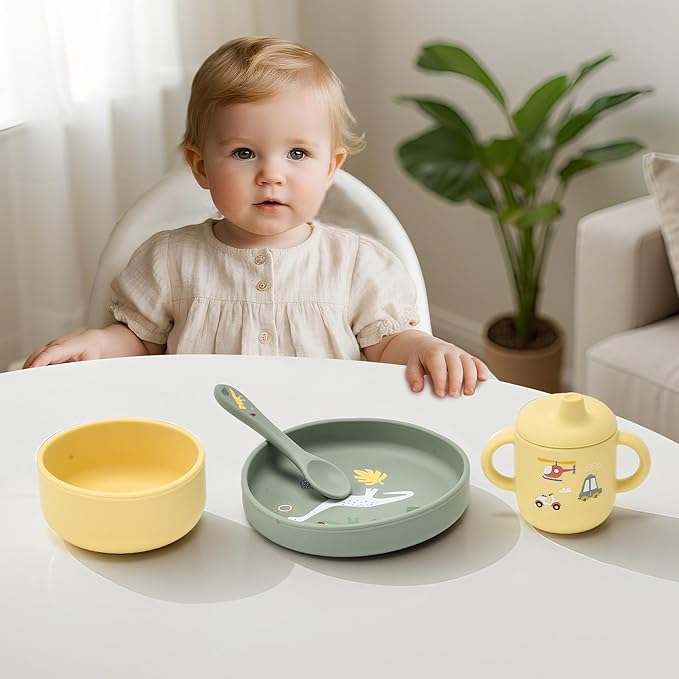 silicone baby feeding set, Baby Led Weaning Supplies，Cutlery Feeding Supplies, Baby Utensils Feeding Essentials for Starting Solidsï¼? Piece Set (Green)