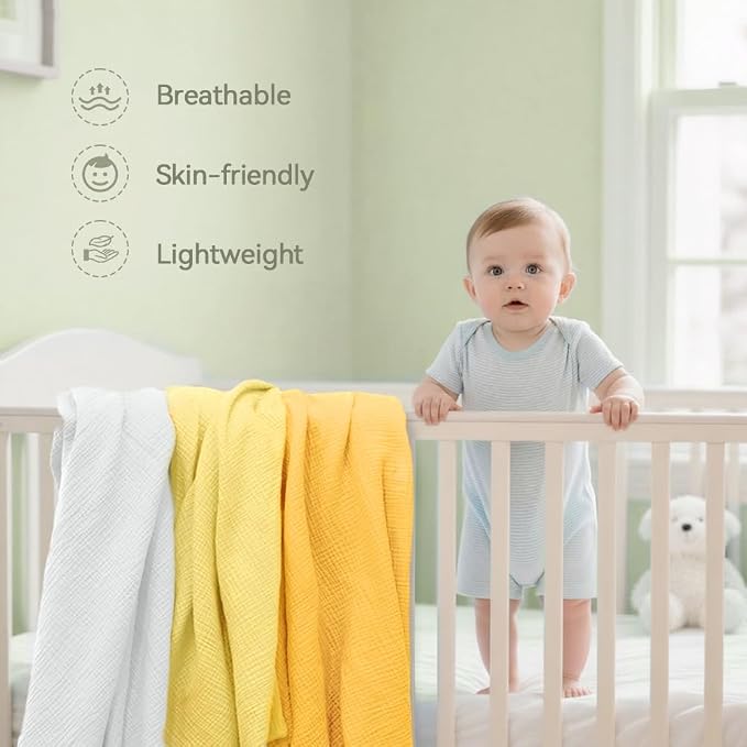 Muslin Swaddle Blankets for Baby Boy - 3 Pack 47x47 Inch Large Receiving Blankets, Soft Breathable Cotton Nursery Swaddles for Newborn, Infant & Todler (Yellow, White, Banana)
