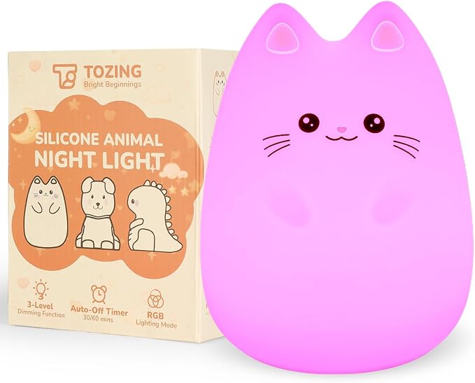 Night Light for Kids, LED Cat Squishy Animal Lamp for Baby, Soft Silicone Dimmable Bedside Touch Light with Timer, Battery Rechargeable Nightlight Girls Gifts Cute Room Decor