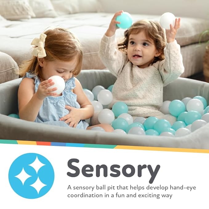 Nuby Velvet Ball Pit - 200 Colored Balls Included - Soft Foam Play Pit for Baby and Toddlers, Indoor/Outdoor Playpen, Play Gym - Aqua & Gray